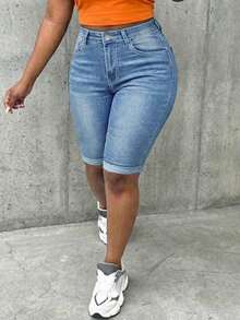 Spring Summer Casual Women's Distressed Stretch Denim Shorts For Commuting Daily Wear - Light Wash - View 2