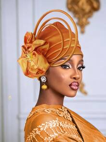 1pc Women Elegant African Gele Turban Hat, Rhinestone Large Flower & Curly Loop Decor Pre-Tied Headwrap, Solid Color Church Party Wedding Statement - A - View 20