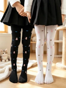 2Pcs Girls Cute Cat Bow Pattern Pantyhose, Elastic Comfortable Kids Full-Length Stockings For Toddler Daily Wear - Multicolor - View 1