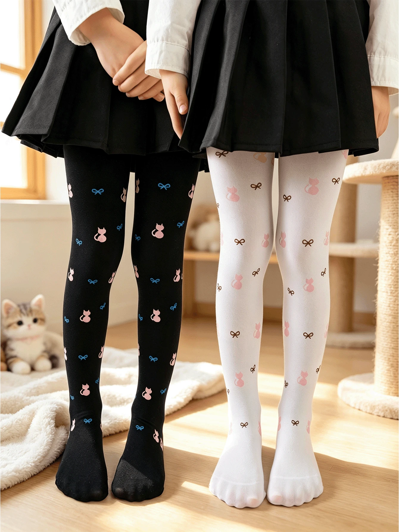 2Pcs Girls Cute Cat Bow Pattern Pantyhose, Elastic Comfortable Kids Full-Length Stockings For Toddler Daily Wear - Multicolor - View 1