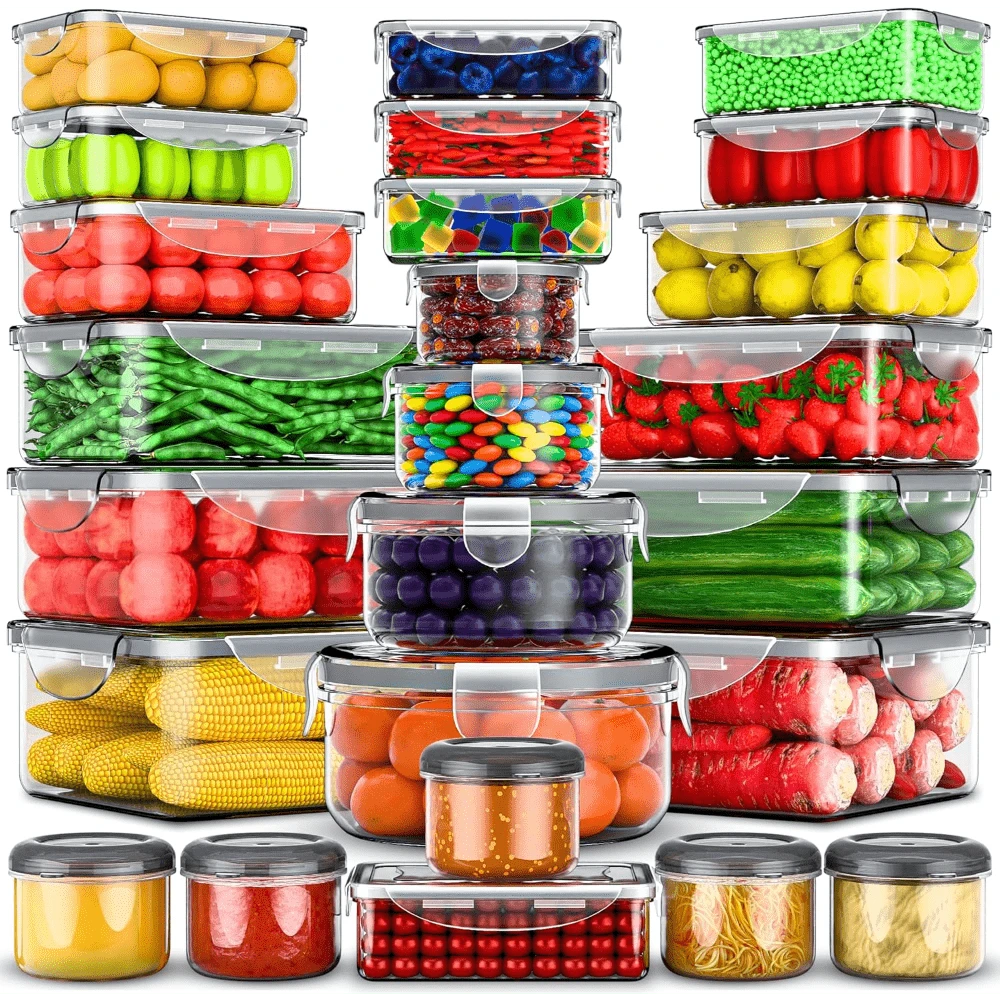 GHQ 48-Pack Heavy-Duty Transparent Stackable Food Storage Containers With Lids - Microwave And Freezer , Leakproof Refrigerator Organizers, Multi-Sized Rectangular Food Jars For Fruits, Vegetables, Leftovers, And Pasta - Space-Saving - Black 2 - View 1