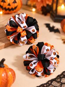 2pcs Girls Halloween Hair Clips, Cute Pumpkin Ghost Print Curly Bow Hair Clips, Suitable For Halloween Party And Autumn/Winter, Children Hair Accessories - Multicolor - View 1