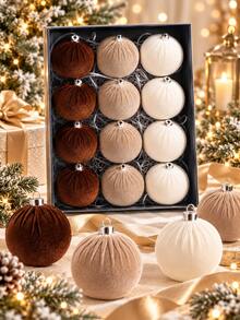 12pcs Neutral Color Velvet Christmas Balls, 6cm Brown, Light Brown, Ivory White Hanging Ball Ornaments, Suitable For Outdoor Christmas Tree, Porch Railing Wreath Decoration, Rustic Farmhouse Winter Holiday Decor - Brown and White Tones - View 1