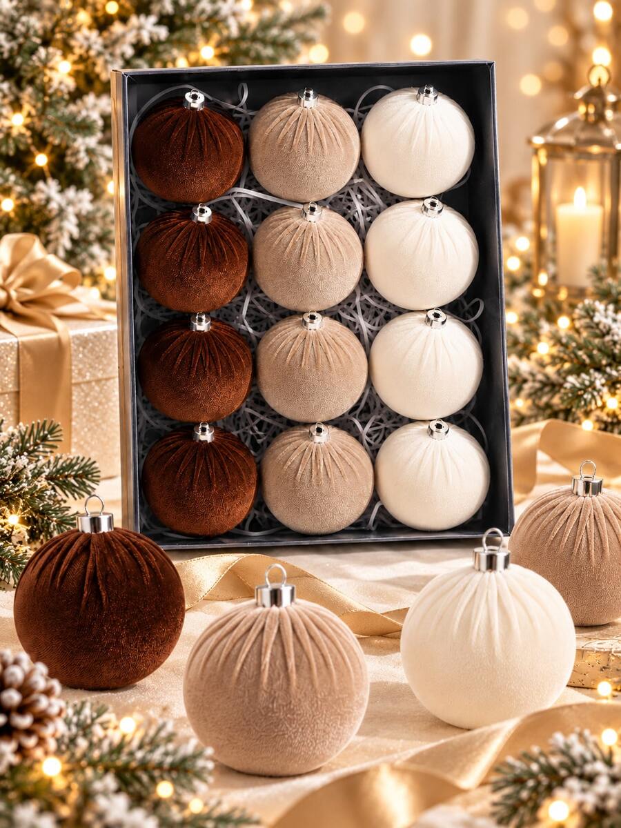 12pcs Neutral Color Velvet Christmas Balls, 6cm Brown, Light Brown, Ivory White Hanging Ball Ornaments, Suitable For Outdoor Christmas Tree, Porch Railing Wreath Decoration, Rustic Farmhouse Winter Holiday Decor - Brown and White Tones - View 1