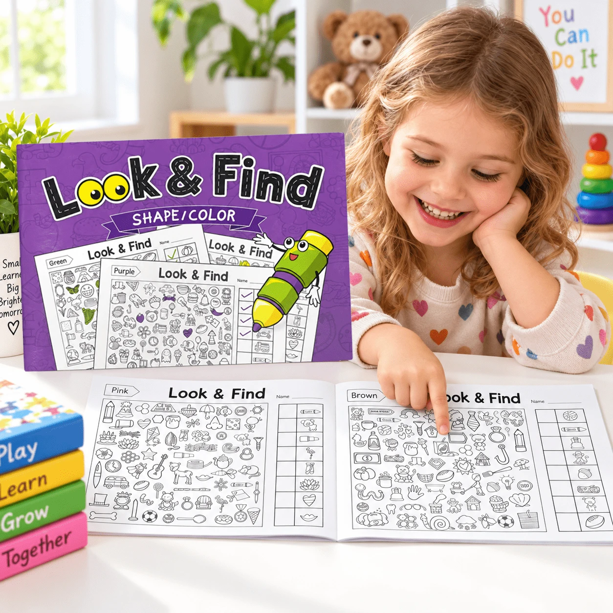 Look And Find Activity Book For Kids, Shape And Color Recognition Workbook With Picture Search And Coloring Activities, Teaching Aids Suitable For Classroom And Home Use.