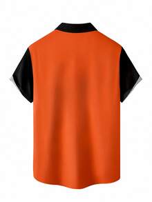 Men's Halloween Orange Spider Print Casual Short Sleeve Shirt - Multicolor - View 3