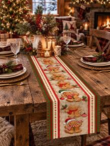 1pc Christmas Table Runner, Cute Gingerbread Man With Christmas Hat Print, American Country Winter Holiday Table Runner, Dining Table Christmas Decoration - Multicolor - View 6