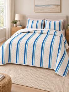 Set Sprei Quilted Motif Garis Ganda Biru Tua 3pcs (1 Sprei, 2 Sarung Bantal, Isian Bantal Tidak Termasuk) Nyaman dan Bernapas, Cocok untuk Semua Musim, Hadiah Liburan, Cocok untuk Hotel, Penginapan, Kamar Tidur, Sprei Ultra Lembut, Bernapas, dan Menyerap Kelembapan - MultiWarna - View 6