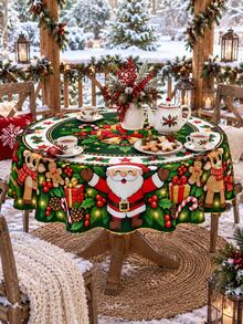 Cartoon Santa Claus Snowman Reindeer Gift Rectangular Tablecloth, Festive Red Green Gold Color Polyester Tablecloth, Candy Cane Bell Bow Holly Pattern, Suitable For Family Dining Room Kitchen Christmas Gathering, Children's Party And Holiday Home Decor - Multicolor - View 13