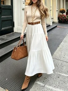 Women's Solid Color Elastic Waist Layered Design Casual Elegant Skirt, Suitable For Office, Daily Wear, Vacation, Date, All Seasons - White - View 1
