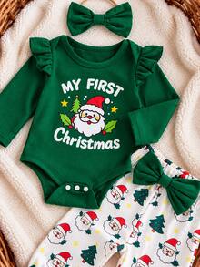 Baby Girl 3pcs Ruffle Long Sleeve "MY FIRST Christmas" Print Bodysuit & Santa Tree Print Pants & Bow Headband, Cute Holiday Outfit - Green - View 2
