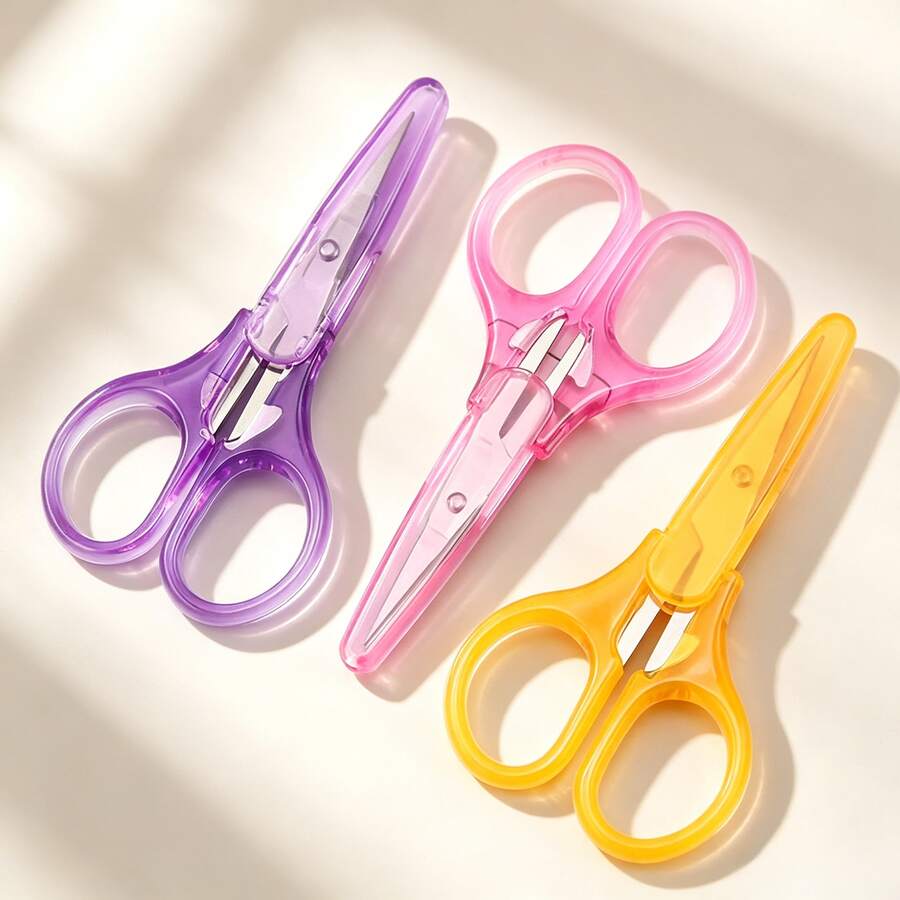 1pc Stainless Steel Handheld Transparent Mini Scissors, Rounded Non-Sharp Anti-Scratch With Blade Cover Storage - Precise Cutting For Paper, Fabric And Wire, Multi-Functional Home & Office Tool, Ergonomic Handle (Purple/Pink/Yellow), Embroidery & Eyebrow Trimming Scissors, Sewing & Craft Cutter - Multicolor - View 1