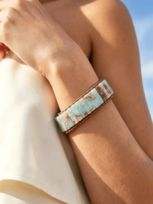 1pc Boho Braided Leather Bracelet, Adjustable Natural Stone Beaded With Flower Charm Clasp, Women's Daily Beach Vacation Jewelry Gift - Flower Buckle - View 4