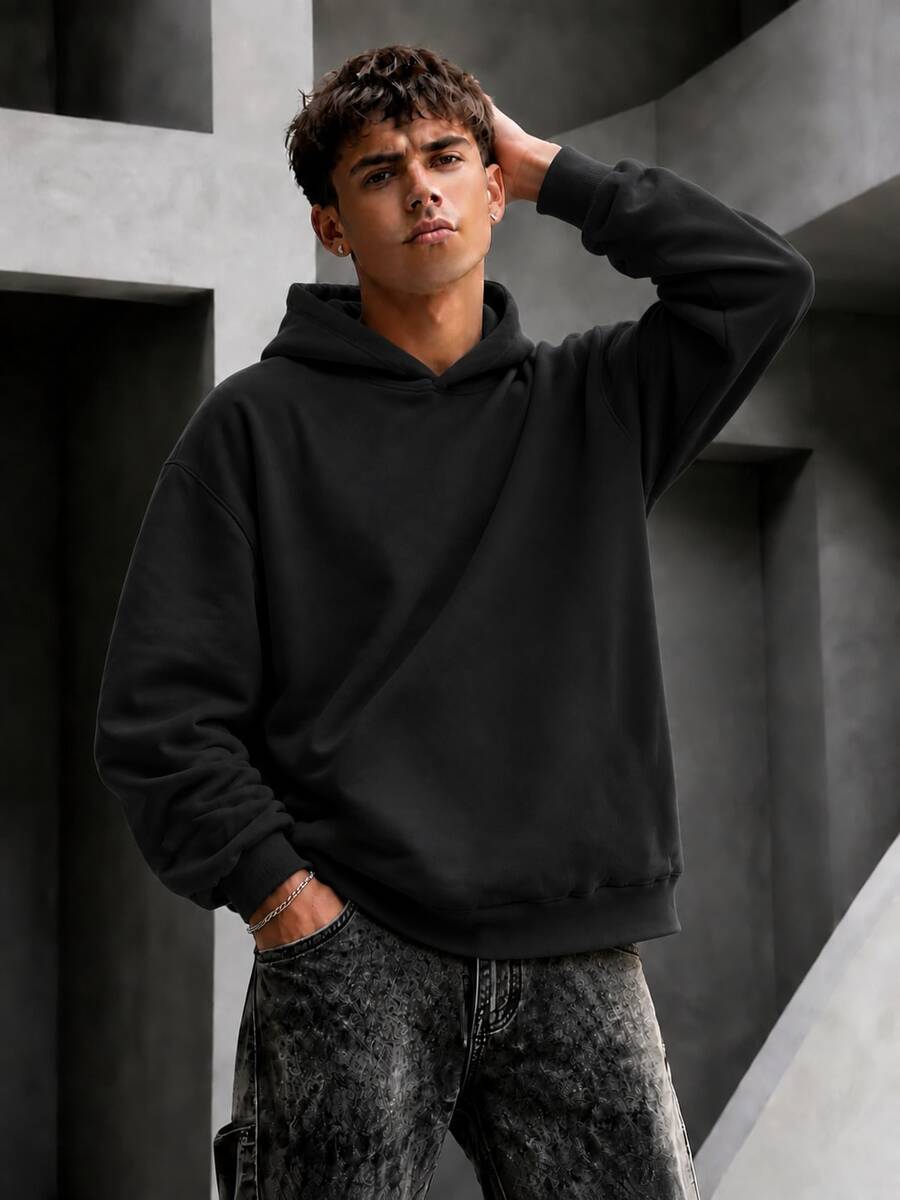 Krometka Men's All-Match Hoodie Sweatshirt, Simple Casual Loose Fit Pullover Top, Versatile Everyday Hoodie - Black - View 1