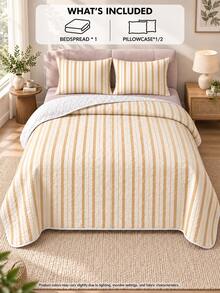 3pcs Quilted Bedspread Set With Milk Apricot Fine Stripe Pattern (1 Bedspread, 2 Pillowcases, Pillow Inserts Not Included), Breathable And Comfortable, Suitable For All Seasons, Holiday Gift, Ideal For Hotels, Inns, Bedrooms, Ultra-Soft Breathable And Moisture-Wicking Bedding - Multicolor - View 4
