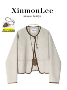 Short Double-Sided Fleece Contrast Color Button-Up Jacket, Elegant Casual Top For Evening Date, College Style, Daily Wear, Autumn/Winter, Vacation - Apricot - View 1