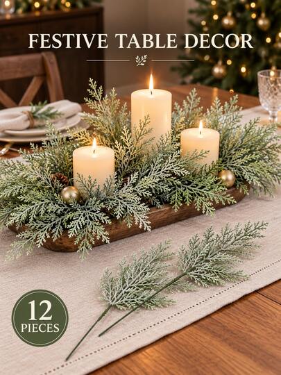 12 peças/Conjunto Ramos de Pinheiro Verde Artificial, Ramos de Sempre-Viva de Plástico Realista, Adequado para Guirlandas de Natal DIY, Guirlandas e Arranjos Florais, Decoração de Casa, Casamento, Centro de Mesa e Festa de Feriado, Folhagem Decorativa