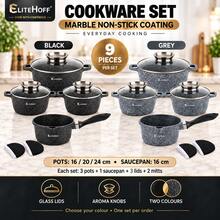 Elitehoff 9-Piece Nonstick Cookware Set, Marble-Effect Pots & Saucepan, 3 Glass Lids, Induction Compatible, 16–24 Cm, Black Or Grey - View 1