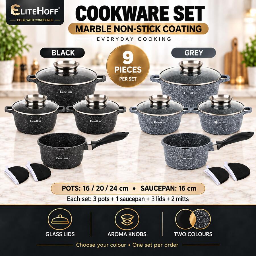 Elitehoff 9-Piece Nonstick Cookware Set, Marble-Effect Pots & Saucepan, 3 Glass Lids, Induction Compatible, 16–24 Cm, Black Or Grey - View 1