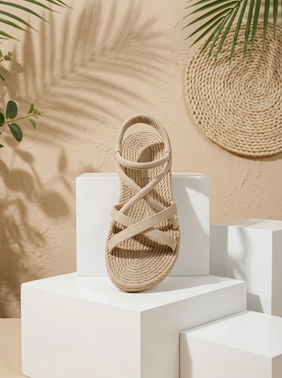 CAJUNI Women Summer Simple Versatile Sweet White Fashion Outdoor Vacation Flat Roman Sandals - Beige - View 1