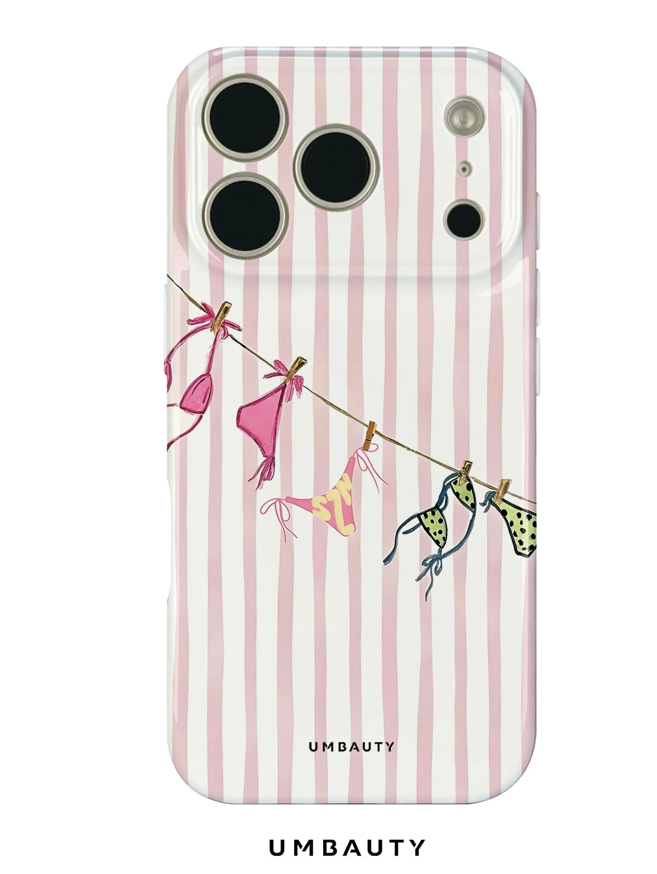 UMBAUTY 1pc Pink & White Striped With Bikini Pattern Design, Compatible With Phone 18 Pro Max, Fits Apple 18/17/16/15/14/13/12/11 Pro Max/Plus/Mini 17e, Full Coverage High-Definition Printed Soft Shell Phone Case, Raised Screen/Lens Protection, Unisex, Ideal Gift For Girlfriend On Halloween, Valentine's Day, Easter, Wedding Season And Birthday - Multicolor - View 1