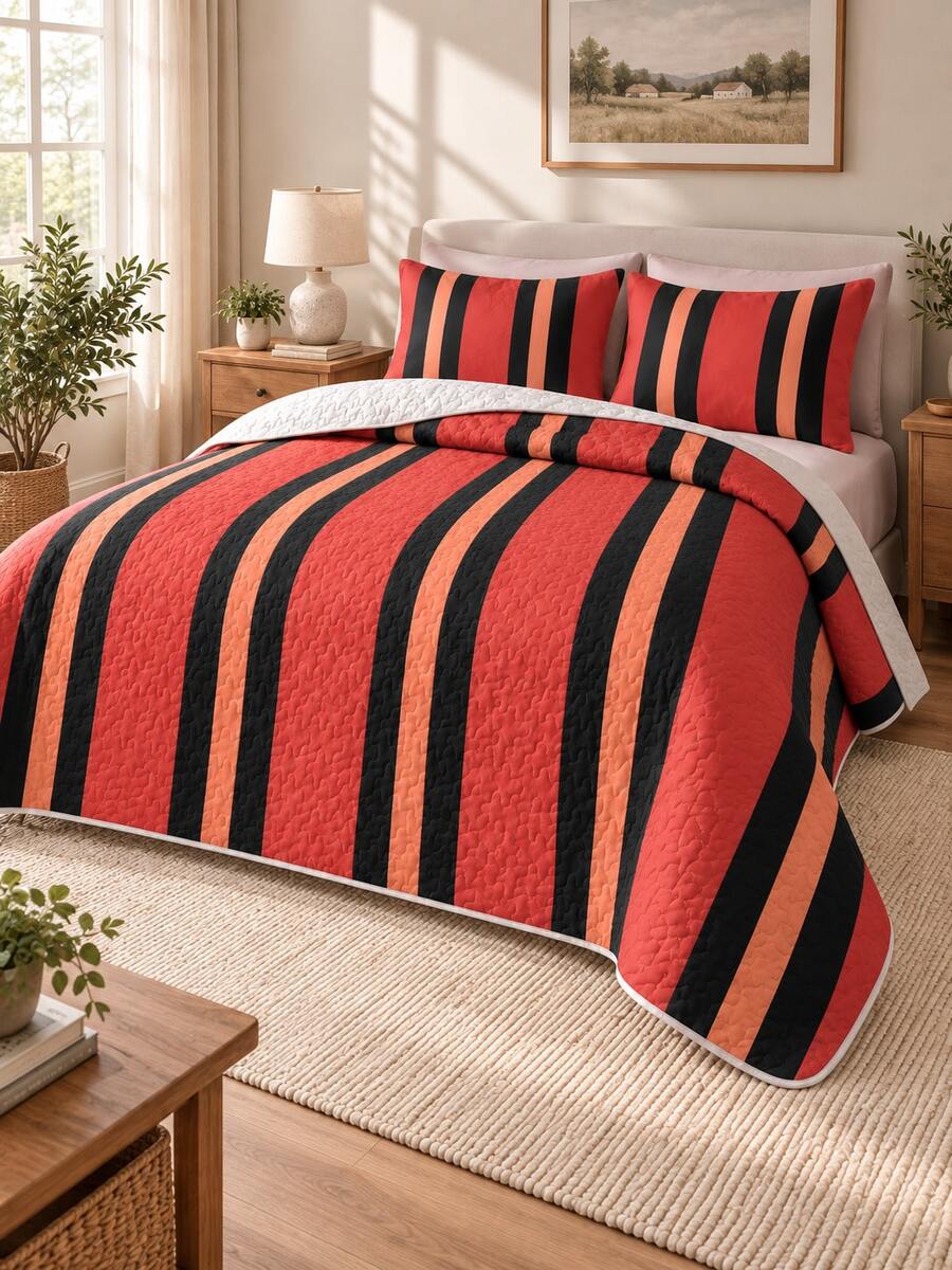 3pcs Red And White Striped Quilted Bedding Set (Bedspread*1, Pillowcases*2, Pillow Inserts Not Included) Breathable And Comfortable, Suitable For All Seasons, Holiday Gift, Ideal For Hotels, Inns, Bedrooms, Ultra-Soft Breathable And Sweat-Absorbent Bedding - Multicolor - View 1