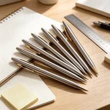 5/12pcs Classic Stainless Steel Ballpoint Pens, Black & Silver. Gold Accents, Smooth Writing For Office And Business Gifting. - Multi-color - View 5