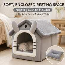 Cute House-Shaped Cat Bed With Matching Mat, Indoor Plush Pet Cave Bed, Suitable For Cats And Small Dogs, Brown/Grey, S/M/L - Grey - View 2