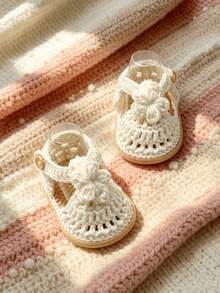 1 Pair Crochet Infant Booties, Beige With Floral Design, Handmade Espadrille Style - White - View 1