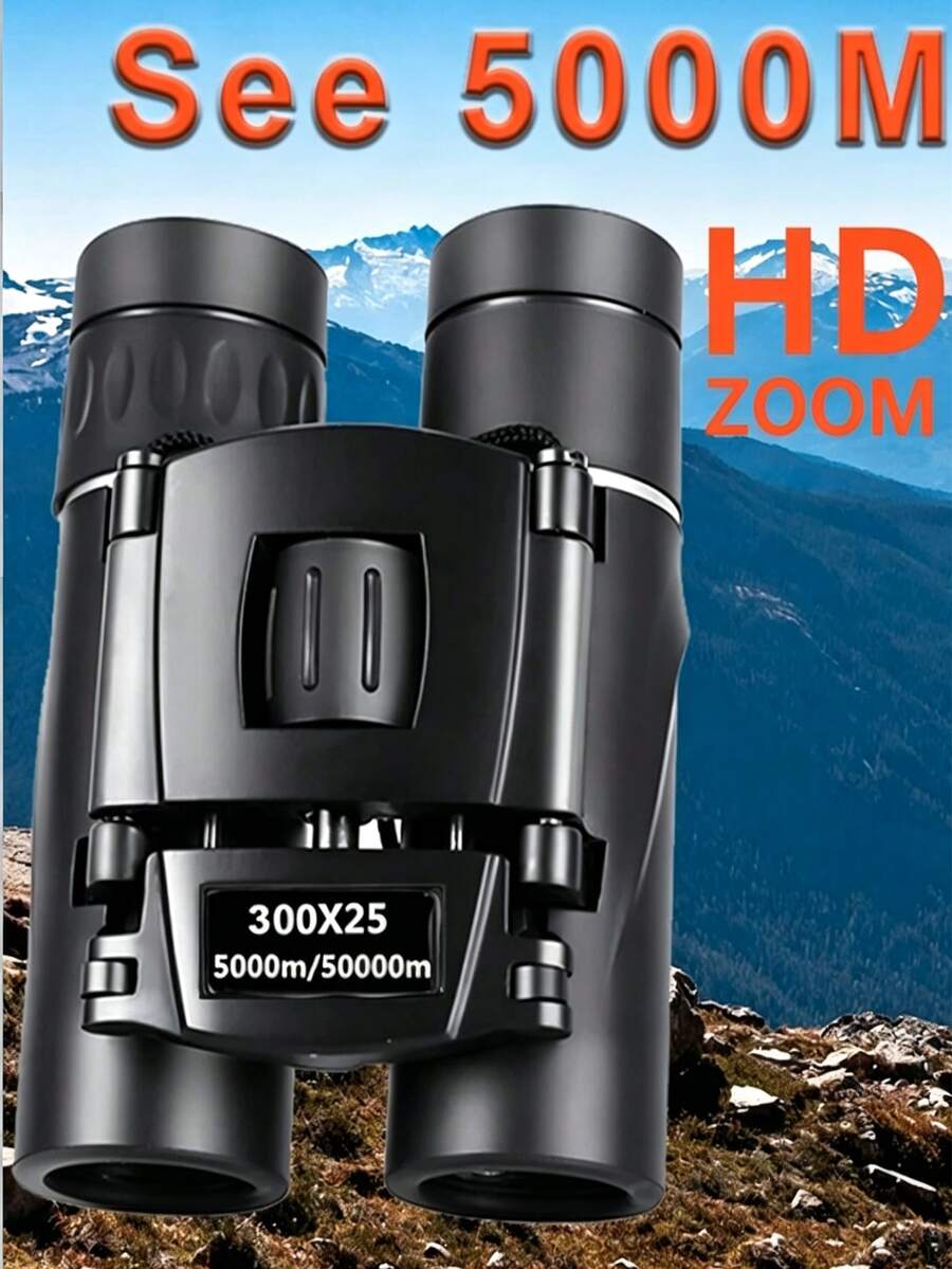 منظار ثنائي 300x25 HD قوي، تصوير واضح، تكبير 10x، تلسكوب صغير قابل للطي بمدى 5000 متر، عدسات بصرية BAK4 FMC، مناسب للصيد والرياضة والتخييم في الهواء الطلق والسفر - الأسود - مشاهدة 1