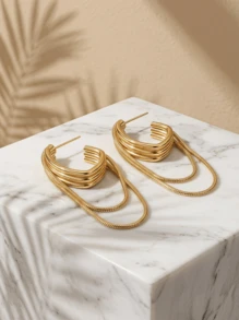 CAJUNI 1pair Fashionable Multilayer Circle Chain & Tassel Personalized Earrings Suitable For Daily Commute For Women - Gold - View 2
