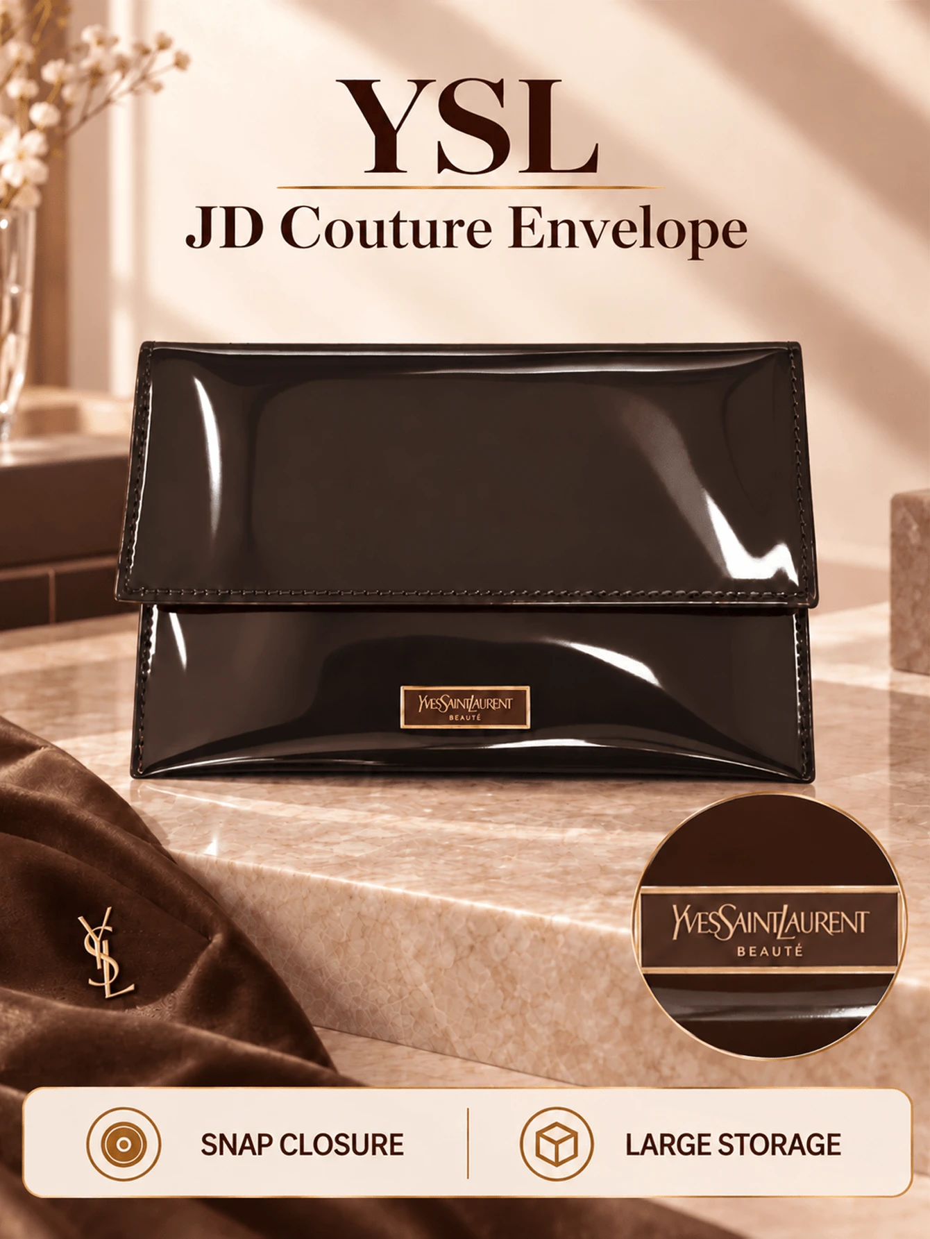YSL Saint Laurent Brown Envelope Bag, 21*14cm, Smooth Material, Minimalist Elegant, Travel Essential, Suitable For Cosmetic Storage