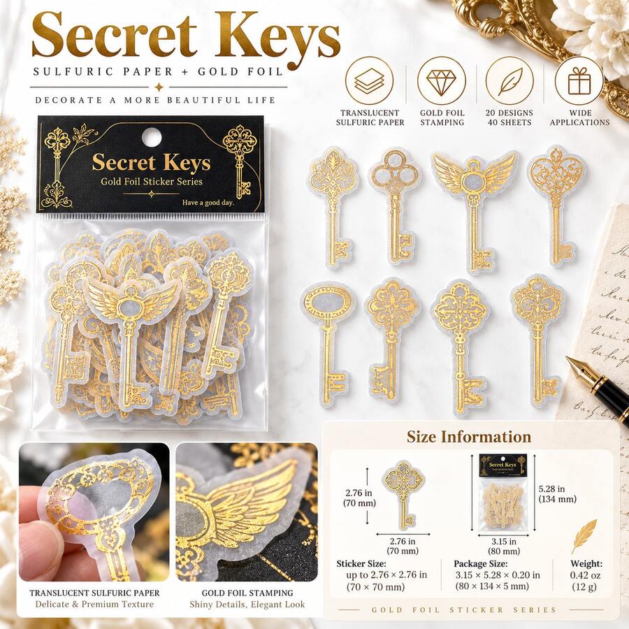 Golden Promise Series Gold Foil Vellum Sticker Pack, INS Style Creative Plant, Floral, Feather Scrapbook Material Stickers, DIY Decorative Stickers - Multicolor - View 1
