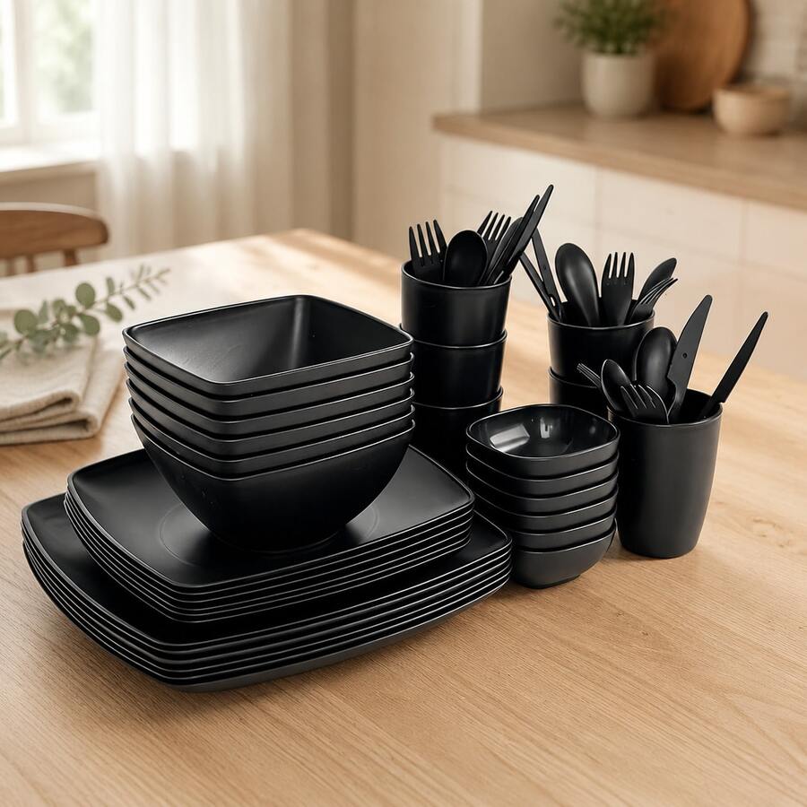 16/24‑Piece Matte Black Dinnerware Set, Reusable Stackable Tableware With Bowls, Plates And Cups, Microwave & Dishwasher Compatible For Home Daily Use, Camping, Picnics