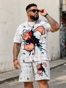 Men's Casual Sports Set With "Vintage Distressed Cartoon Sailor" Graphic Design - Made Of Polyester Knit Fabric, Round Neck, Drawstring Shorts, Pocket Details, Regular Fit, Suitable For Plus Size - White - View 1