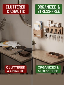 Solid Wood Wall-Mounted Multi-Hook Key Rack, Nordic Minimalist Entryway Key Holder, Creative Wall Decor Storage Organizer, Suitable For Hallway, Corridor, Kitchen, Office, Rustic Farmhouse And Modern Style, Space-Saving Entrance Key Hook - Multicolor - View 4