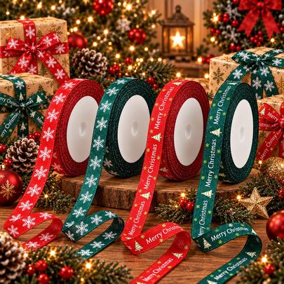 1 Roll 25 Yards Christmas Snowflake & Christmas Tree Printed Ribbon, Satin Material, For Gift Wrapping, Holiday Party Decoration, Christmas Tree Bow Gift Wrapping DIY Handmade, Red & Green Ribbon
