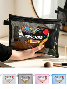 Cute Teacher Heart Pattern Mesh Zipper Storage Pouch, Portable Travel Makeup & Stationery Organizer Bag, Ideal Thank You Gift For Teachers - Multicolor - View 9