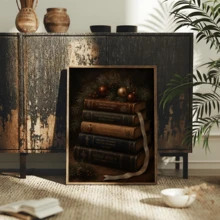 1pc Framed Canvas Wall Art Decor, Vintage Stacked Christmas Books And Pine Branch Ornament Print, Dark Academia Rustic Holiday Wall Hanging, Aesthetic Atmosphere Home Decor, Modern Home Decoration, Room Decor, Dorm Decor, Bedroom Decor, Bathroom Decor, Kitchen Decor, Dining Room Decor, Living Room Decor, Office Decor - Books - View 11