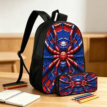 3pcs Backpack Set With 2D Flat Print Pixel Spider Pattern, Includes Daypack Pencil Case Crossbody Bag For Daily Travel Outdoor Use - Backpack Set - View 4