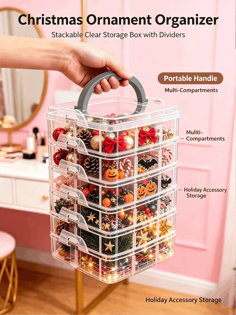 Christmas And Halloween Holiday Decoration Storage Box, Large Capacity Decor Box With Portable Handle, Lid And Snap Closure, Removable Dividers For Organizing Decorations, Suitable For Home Holiday Preparation And Easy Organization