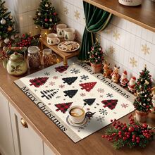 1pc Christmas Series Plaid Christmas Tree Snowflake Pattern Printed Coffee Bar Mat, Drainage Mat, Coffee Machine Soft Bottom Diatomaceous Earth Drainage Mat, Soft Rubber Drainage Mat, Super Absorbent Wear-Resistant Dish Drying Mat, For Countertop Restaurant Kitchen Table Mat, Patio Dining Table Decoration, Home Kitchen Supplies, Countertop Decoration Mat - Multicolor - View 2