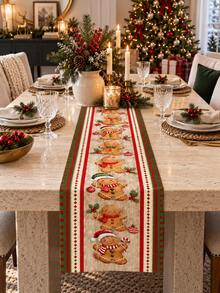 1pc Christmas Table Runner, Cute Gingerbread Man With Christmas Hat Print, American Country Winter Holiday Table Runner, Dining Table Christmas Decoration - Multicolor - View 4