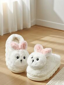 HAHABOBO Children's White Plush Rabbit Slippers, Pink Ears Warm Fleece Lining Winter House Shoes - White - View 2