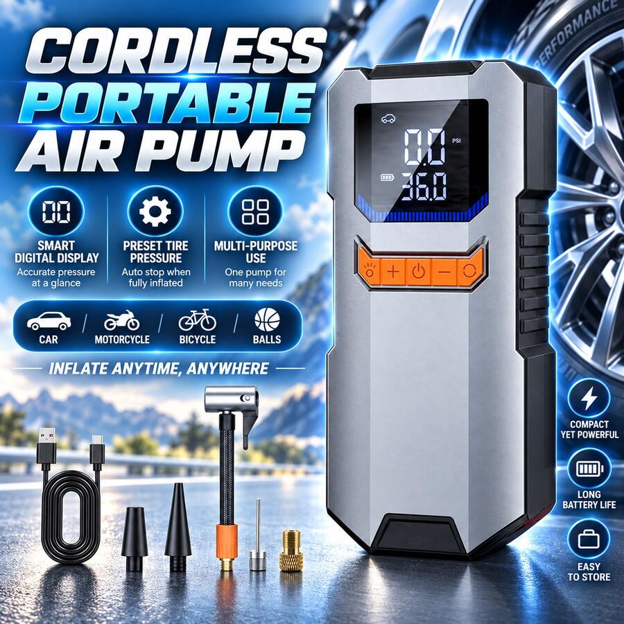 Baterai Kapasitas Besar 4*1500mAh, Jump Starter Darurat Mobil Portabel dengan Pompa Udara - Starter Baterai 12V, Lampu LED, Output USB Pengisian Cepat, Perlindungan Ganda, Termasuk Kabel Jump Starter, Pompa Udara, dan Adaptor Mobil - Wireless - View 1