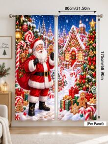 2pcs Christmas Printed Curtains, Festive Spandex Window Panels With Red Bow, Pine Garland, Ornament, Star And Snowflake Pattern, Light Filtering Rod Pocket Drapes For Living Room, Study, New Year Winter Decor - A - View 13