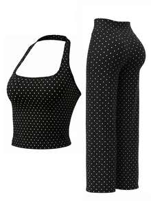 Women's 2 Pieces Set: Polka Dot Halter Top & Flare Pants, Slim Fit Y2K Style Casual Sports Outfit, Suitable For Girls - Black and White - View 1