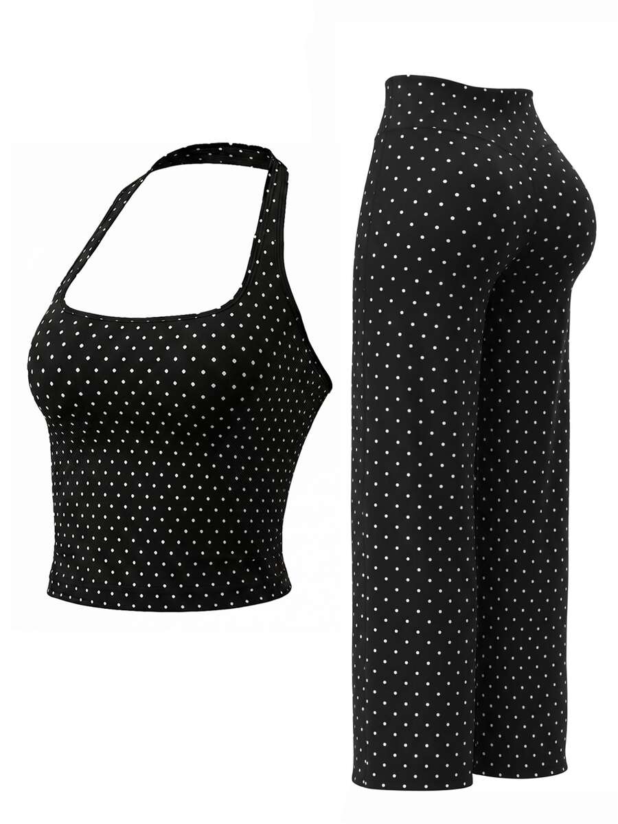 Women's 2 Pieces Set: Polka Dot Halter Top & Flare Pants, Slim Fit Y2K Style Casual Sports Outfit, Suitable For Girls - Black and White - View 1