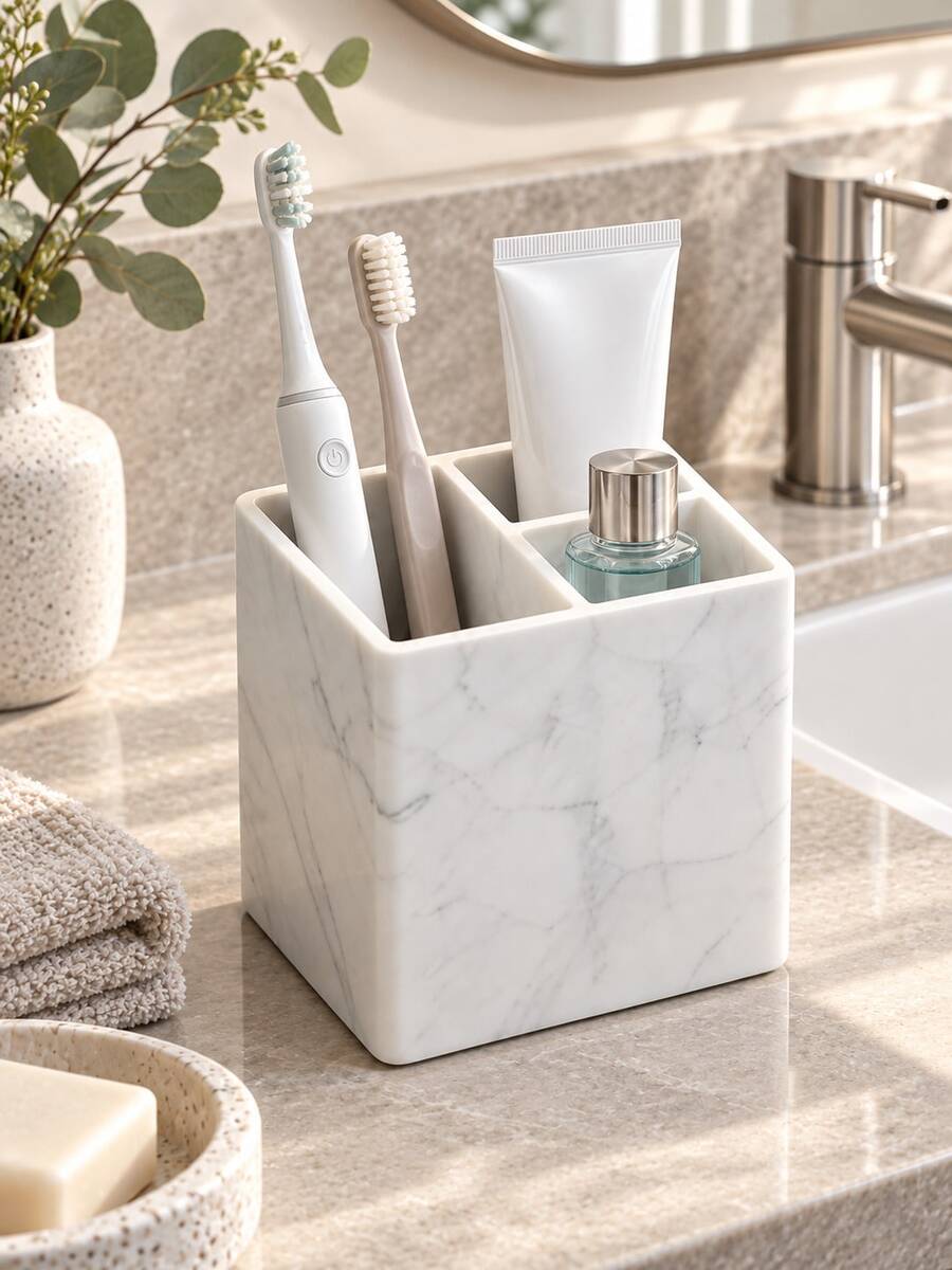 1pc 3-Slot Toothbrush Holder, Bathroom Countertop Storage Rack, Suitable For Electric Toothbrush, Toothpaste And Toiletries, Space-Saving Vanity Organizer, Sink Storage, Cosmetic Organizer, Modern Bathroom Decor, Suitable For Home, Apartment And Dorm - Multicolor - View 1