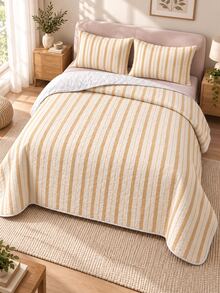 3pcs Quilted Bedspread Set With Milk Apricot Fine Stripe Pattern (1 Bedspread, 2 Pillowcases, Pillow Inserts Not Included), Breathable And Comfortable, Suitable For All Seasons, Holiday Gift, Ideal For Hotels, Inns, Bedrooms, Ultra-Soft Breathable And Moisture-Wicking Bedding - Multicolor - View 8